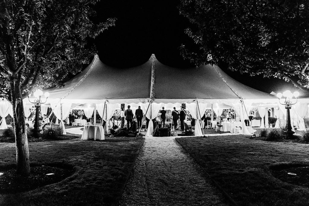 B/W photo of a Belle Mer wedding with a tented reception