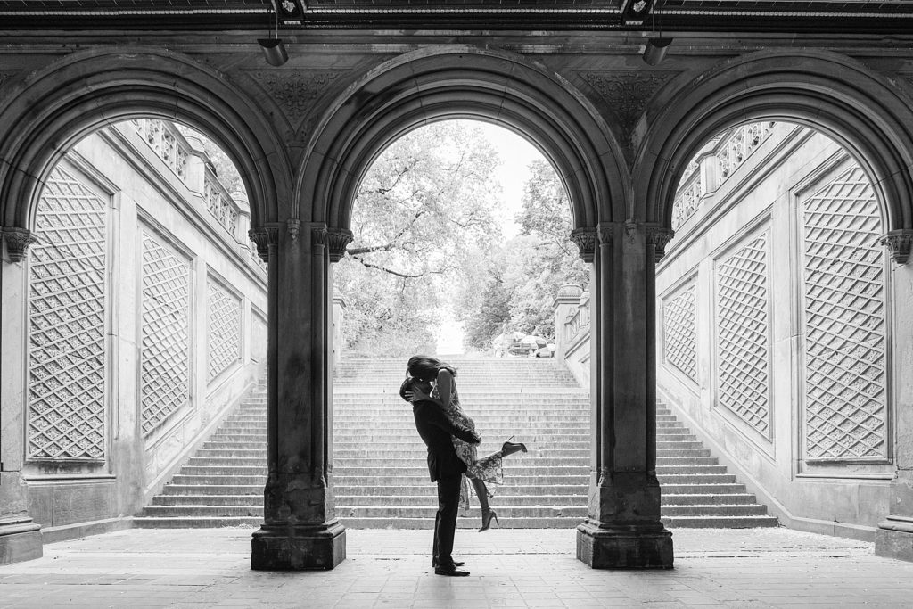Couple embraces at the Bethesda Terrace in Central Park