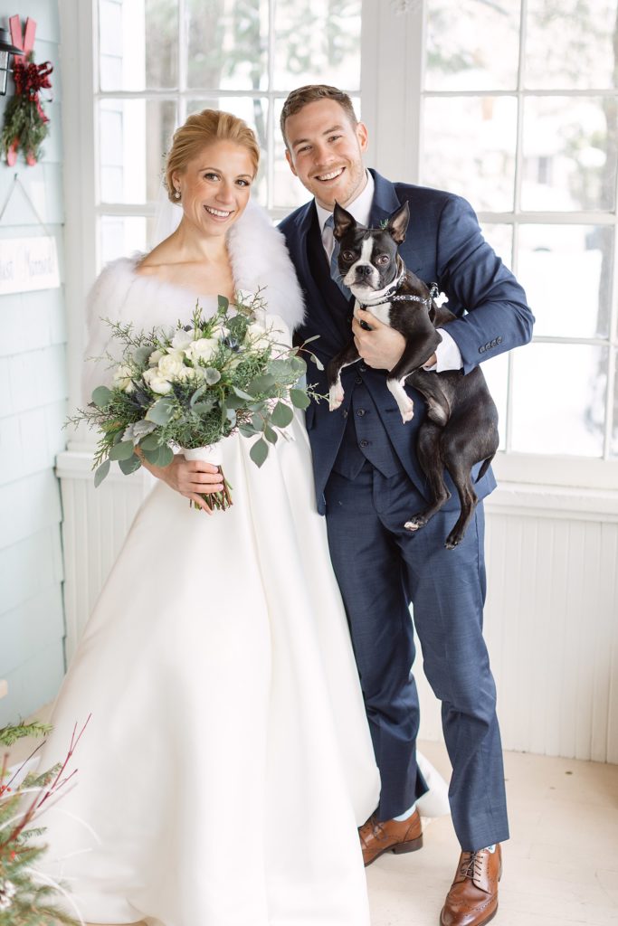 Winter wedding in Massachusetts with a couple and their dog