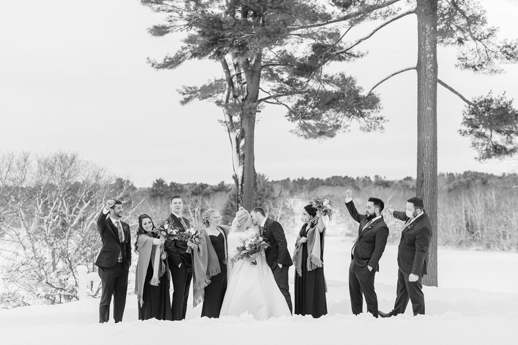 Bridal party wedding photos in winter