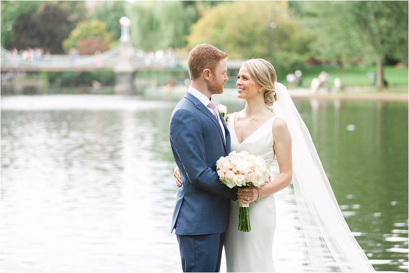 bride and groom portrait in the Boston Public Garden
